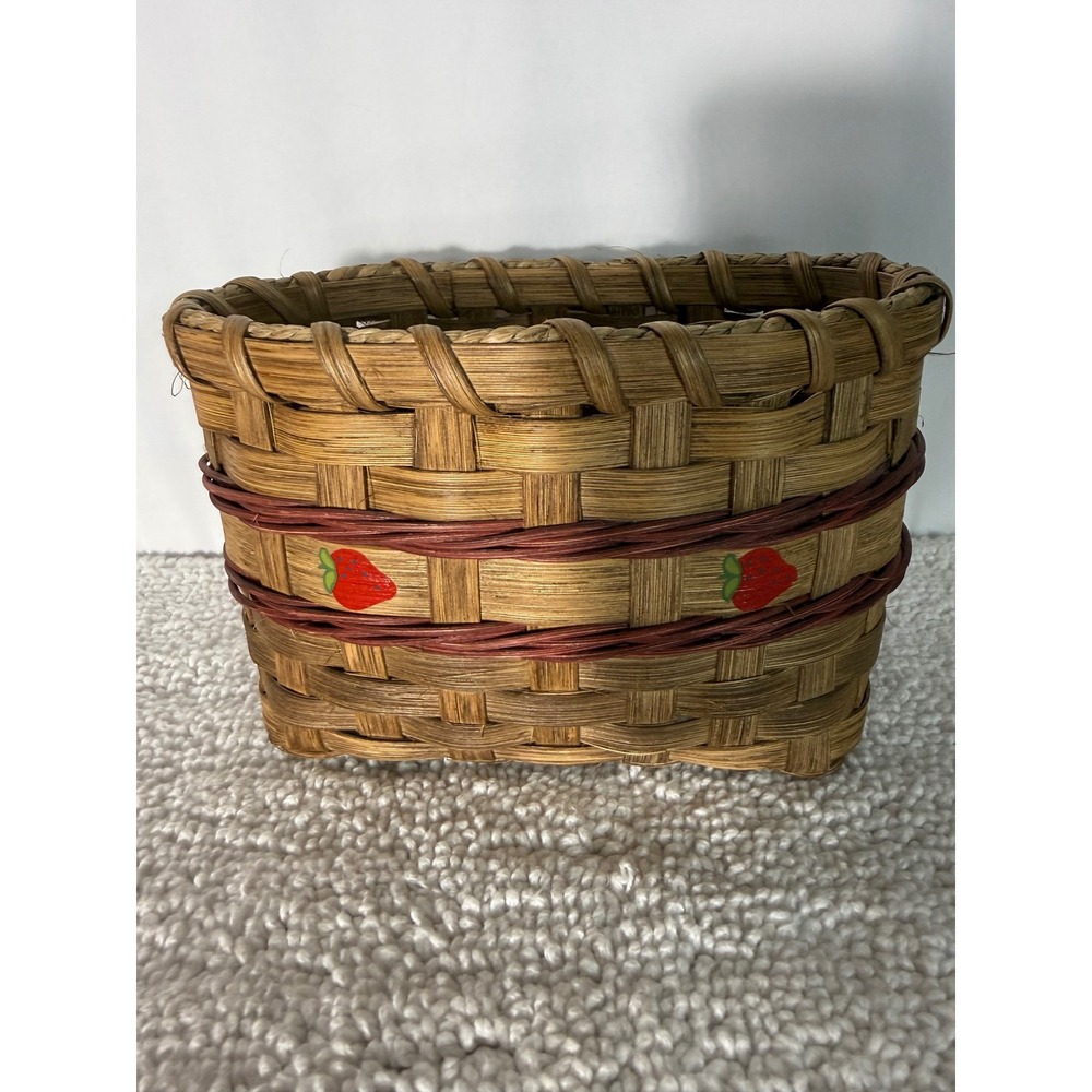 Vintage Woven Wicker Strawberry Basket Oval Hand Painted Cottagecore Decor